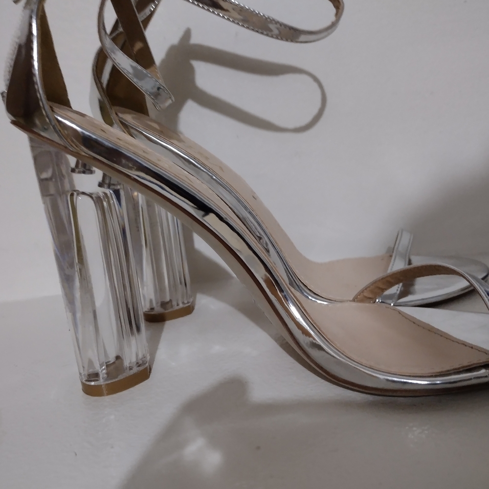 AKIRA Silver Glittery Heels with Clear Acrylic Heel